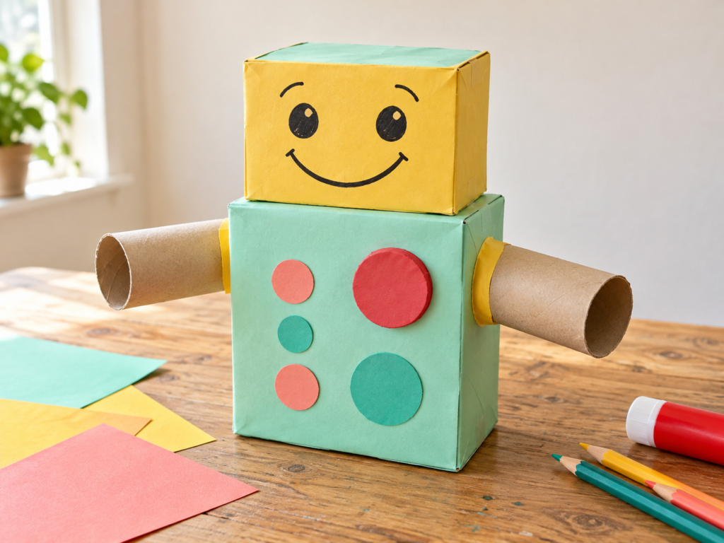 Vrolijke robot van kartonnen doosjes met rolletjes als armen en gekleurde papieren knoppen.